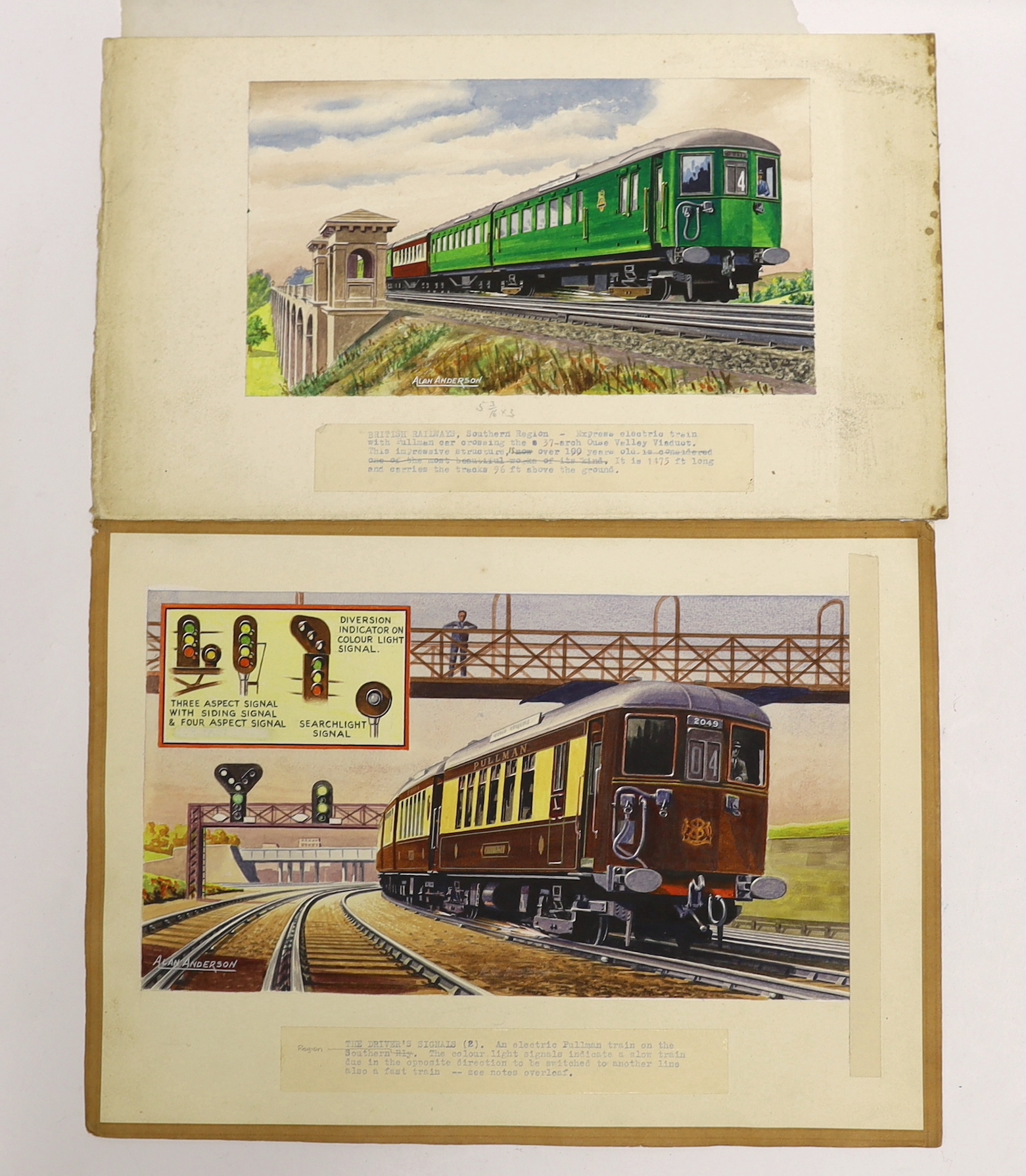 Alan Anderson, two watercolours, a BR SR Pullman EMU, 15 x 26.5cm and a Southern Railway Pullman EMU, 15.5 x 27cm, both signed